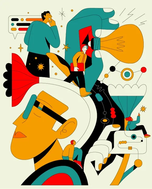 Abstract illustration of people and a large light bulb symbolizing ideas