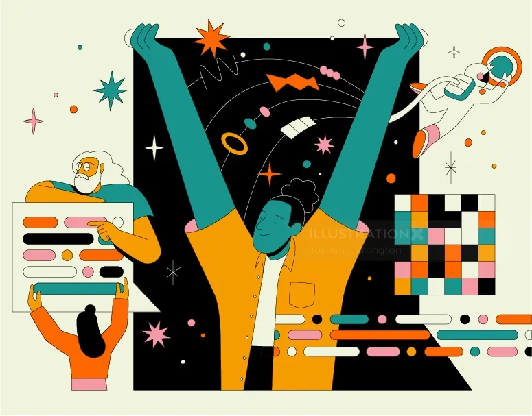 Diverse individuals with data charts and space elements in abstract style
