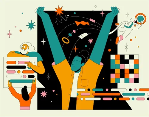 Diverse individuals with data charts and space elements in abstract style