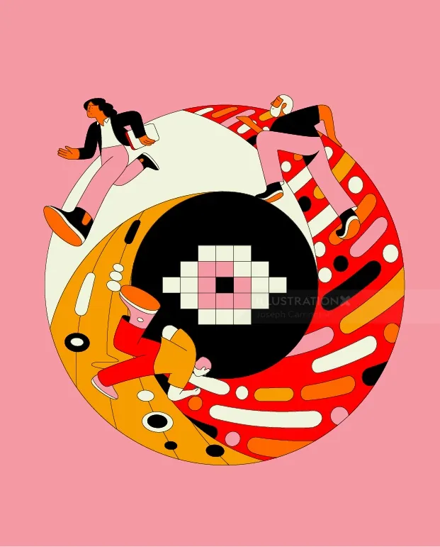 Three people interacting with a vibrant abstract spiral design