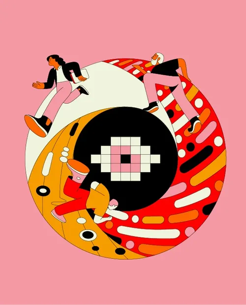 Three people interacting with a vibrant abstract spiral design