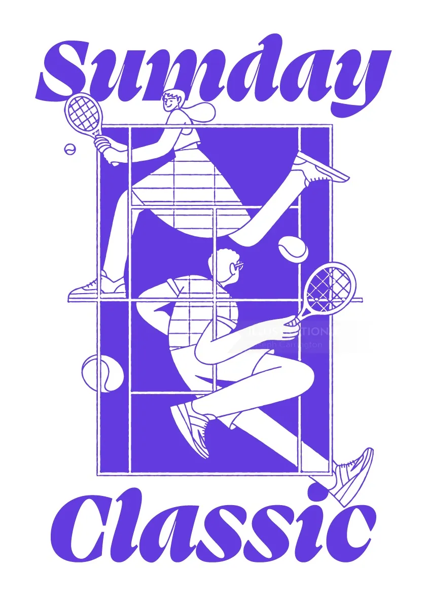 Zwei Tennisspieler spielen auf dem Platz mit Sunday Classic Text
