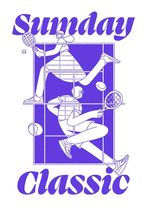 Two tennis players playing on court with Sunday Classic text