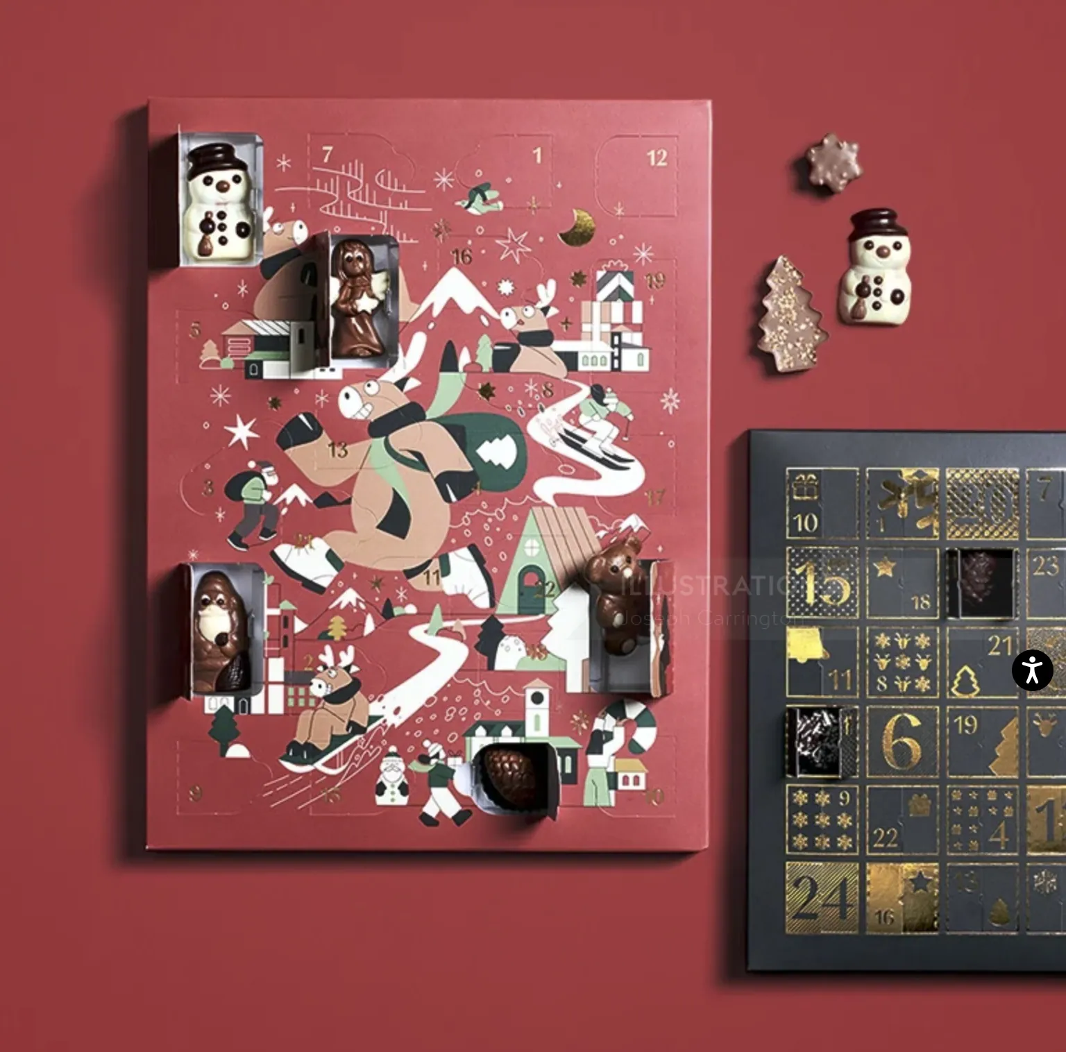 Advent calendar with chocolates and holiday-themed illustrations on red background
