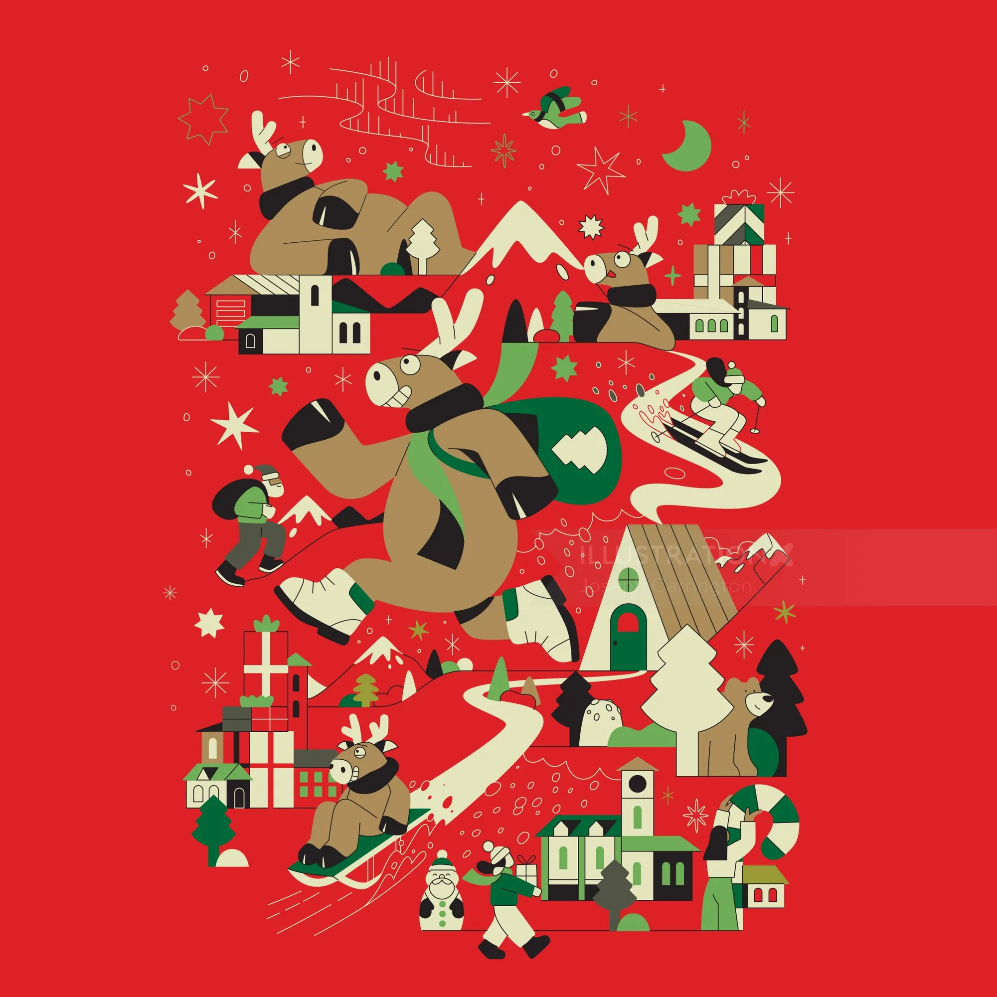 Cartoon reindeer skiing and playing in a snowy winter village