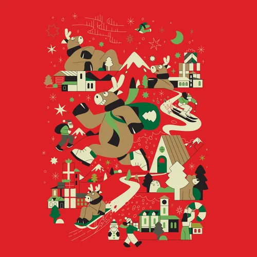 Cartoon reindeer skiing and playing in a snowy winter village