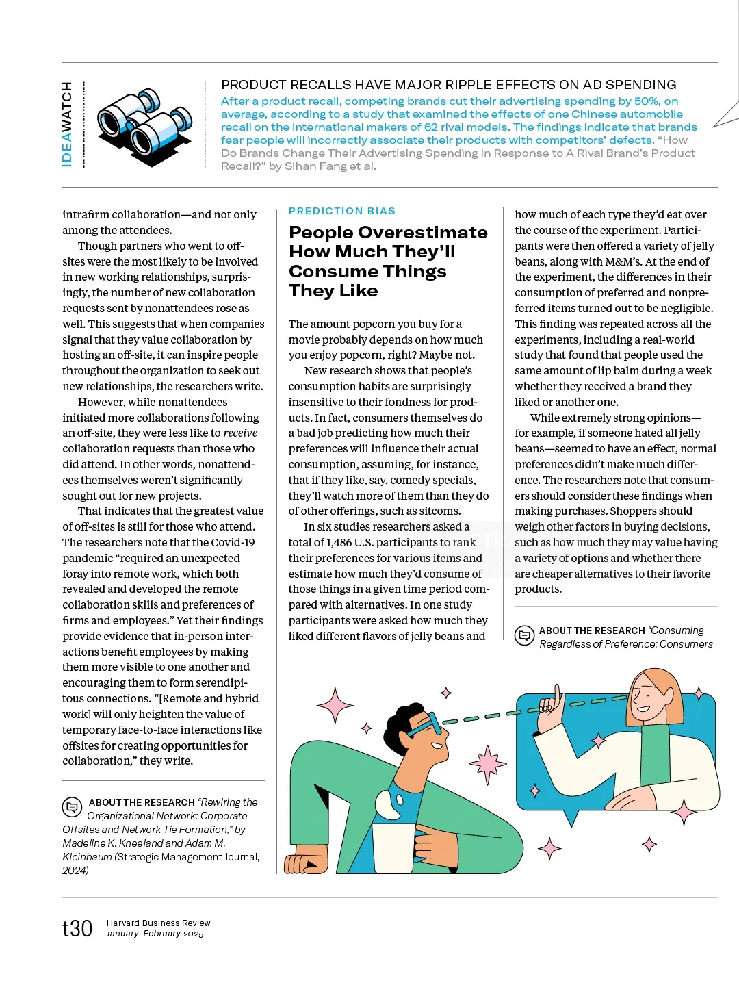 Cartoon illustrating advertising and product recall analysis with charts and confused marketers