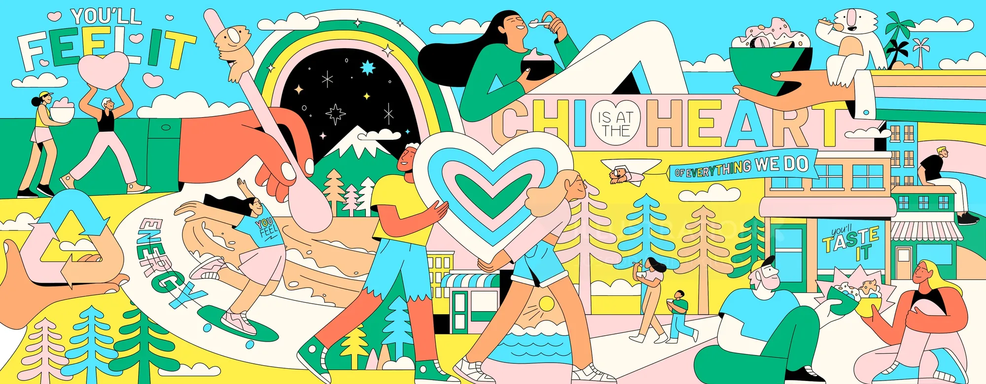Colorful mural with people, hearts, and nature-themed elements