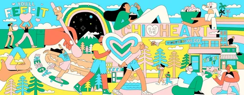 Colorful mural with people, hearts, and nature-themed elements