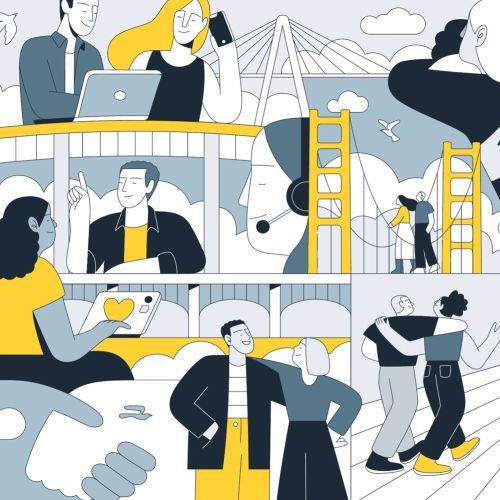 Abstract illustration of global connectivity, communication, and technology icons.