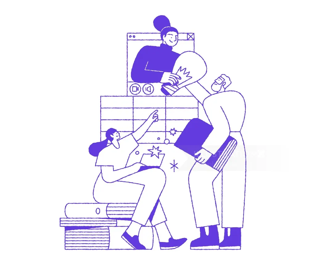 Joseph Carrington Illustration von drei Personen, die zwischen gestapelten Büchern lesen