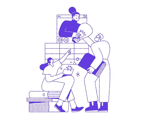 Joseph Carrington illustration of three people reading among stacked books