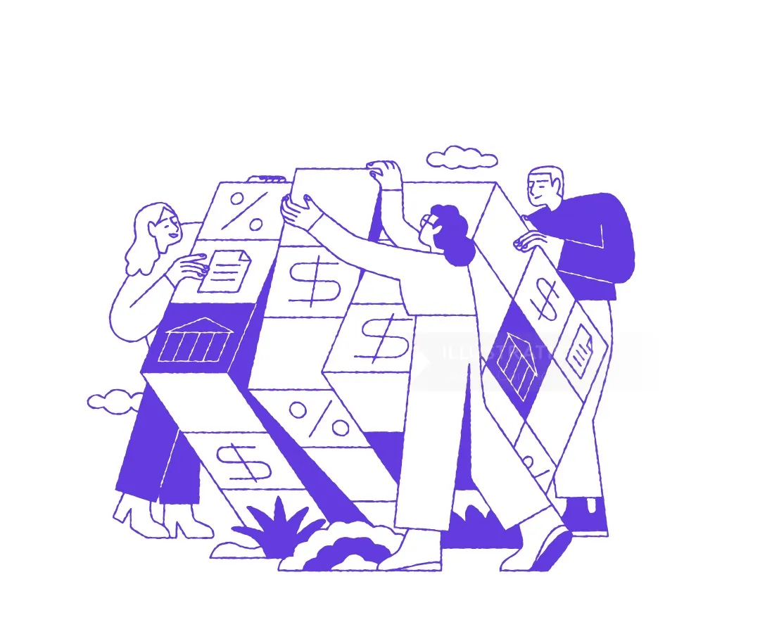Joseph Carrington Illustration von Menschen, die gemeinsam an übergroßen Finanzdokumenten arbeiten