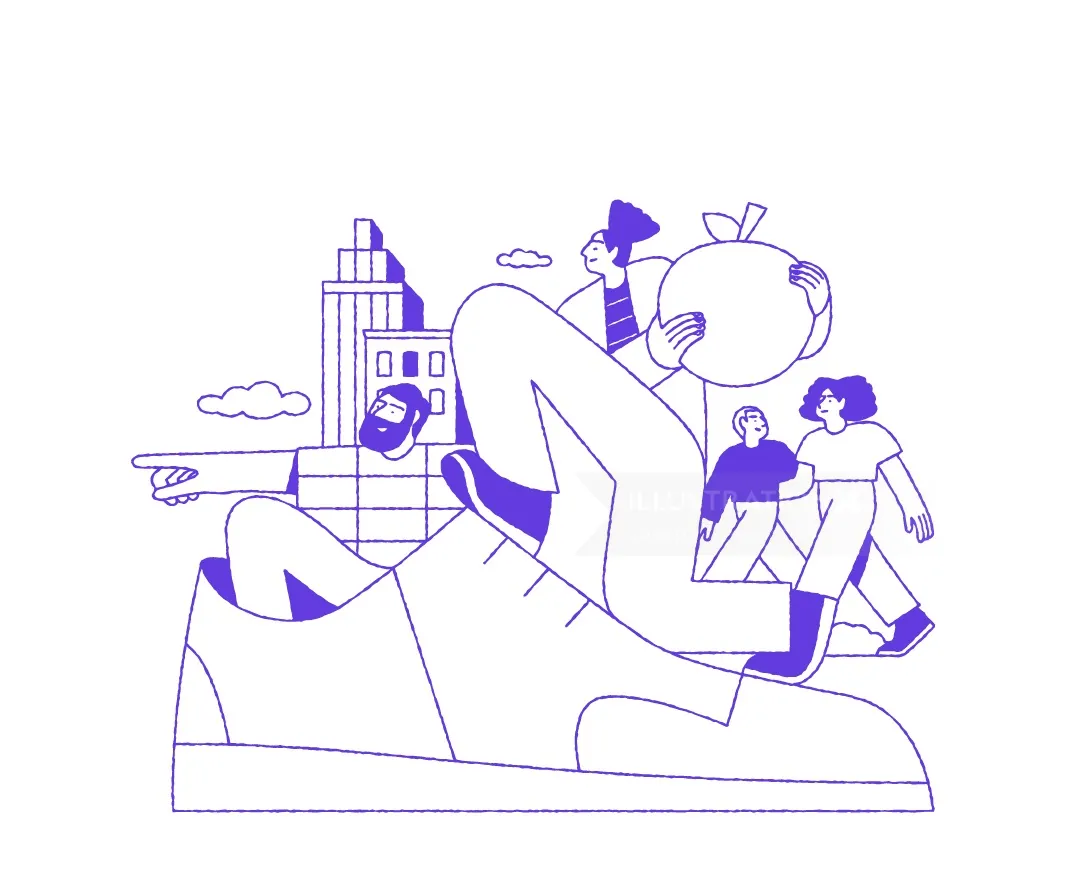 Joseph Carrington Illustration von Menschen, die sich neben einer stilisierten Stadtkulisse entspannen