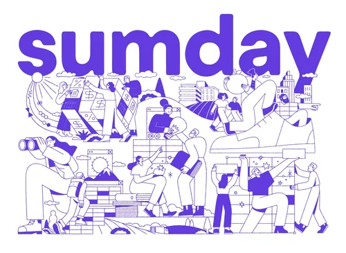 Joseph Carrington illustration of diverse people relaxing and socializing beneath Sunday lettering