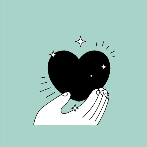 Joseph Carrington illustration of hands holding a black heart with sparkles
