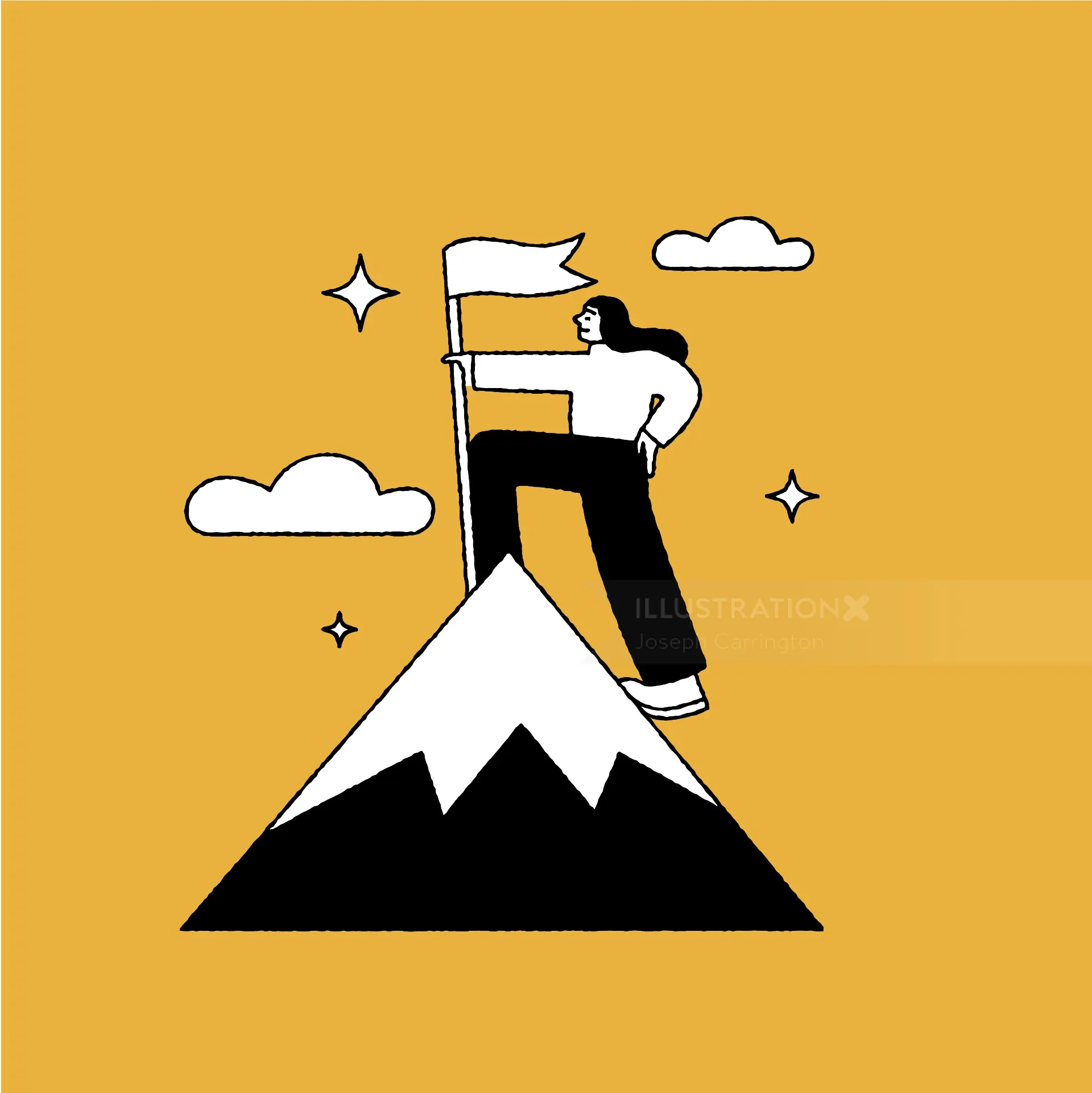 Joseph Carrington Illustration eines Bergsteigers, der mit einer Flagge einen Berg besteigt
