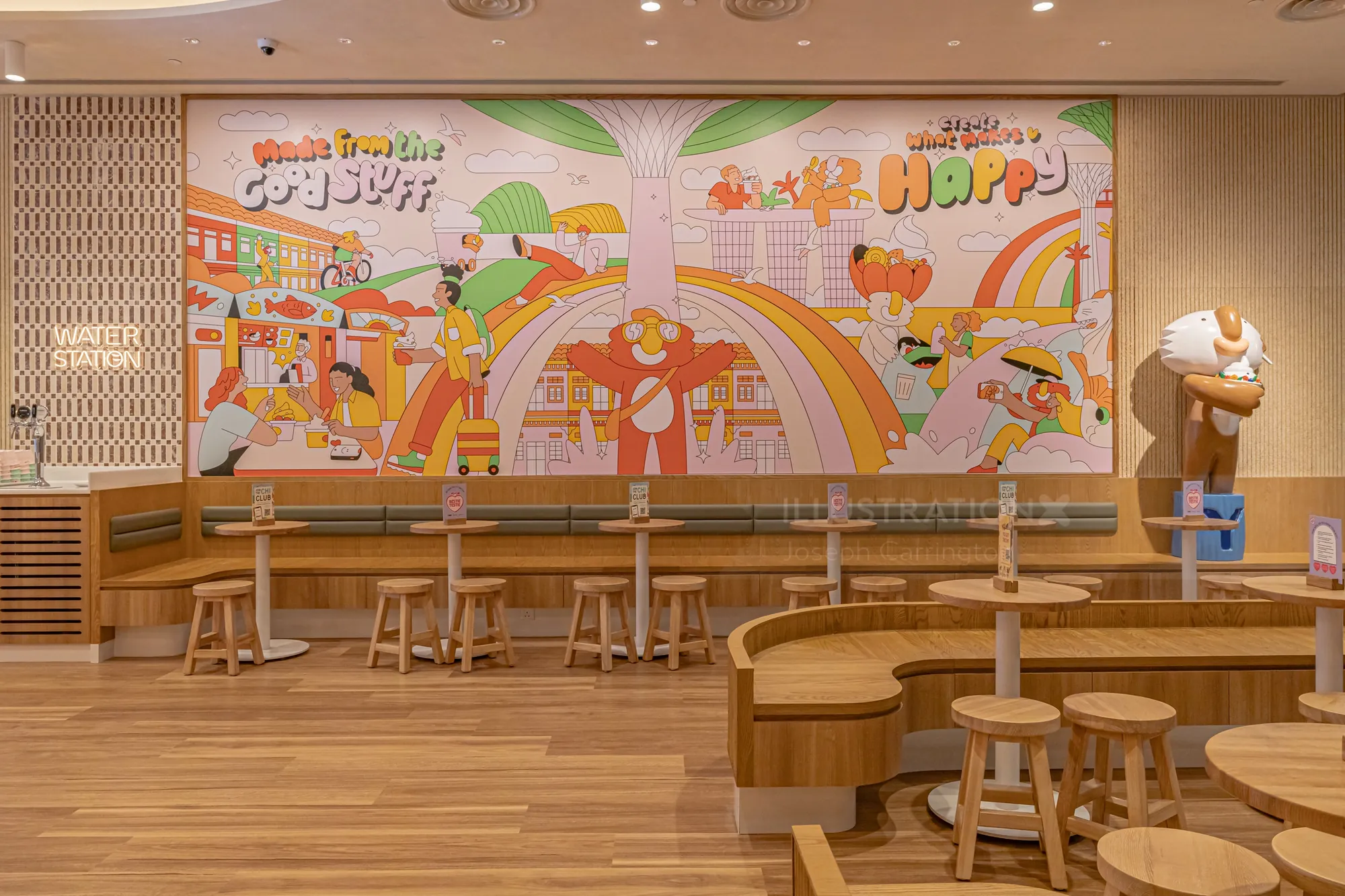 Farbenfrohes Café-Wandbild mit Regenbögen und verspielten Figuren von Joseph Carrington