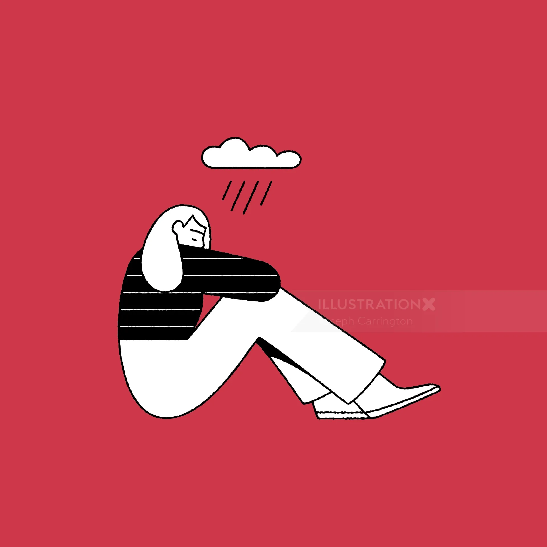 Joseph Carrington Illustration einer sitzenden Figur unter einer Regenwolke
