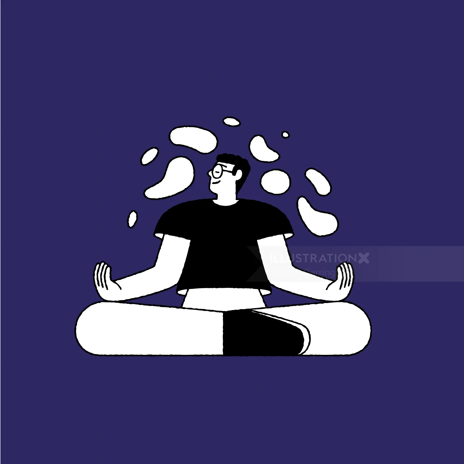 Joseph Carrington 插图：冥想人物与漂浮的白色形状