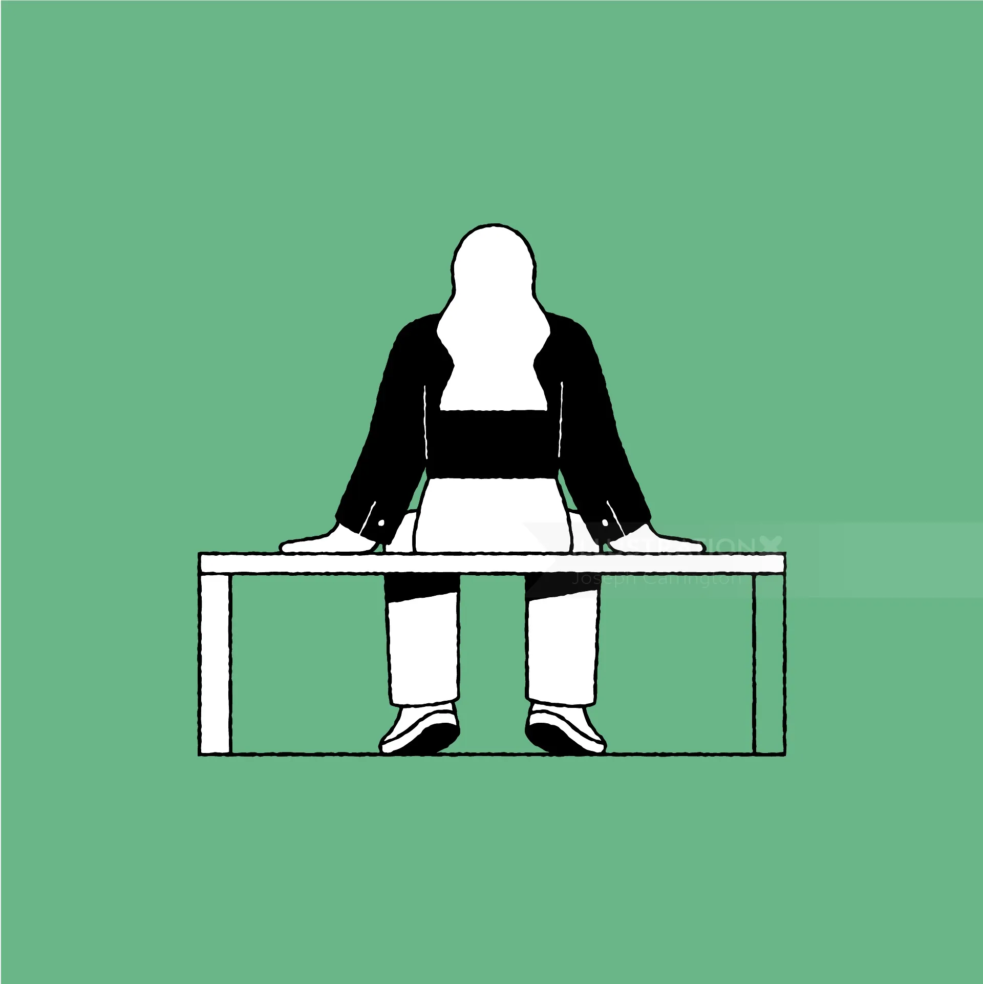 Minimalistische, gesichtslose Figur hinter einem Tisch von Joseph Carrington