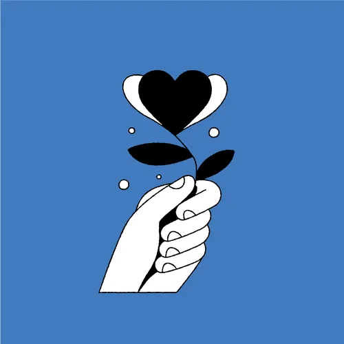 Joseph Carrington illustration of a hand holding a black heart-shaped flower