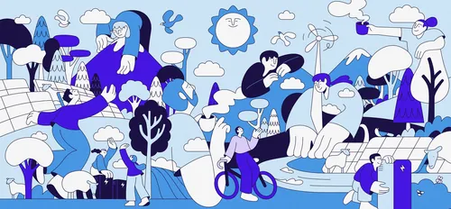 Joseph Carrington illustration of people cycling and relaxing in a colorful urban park