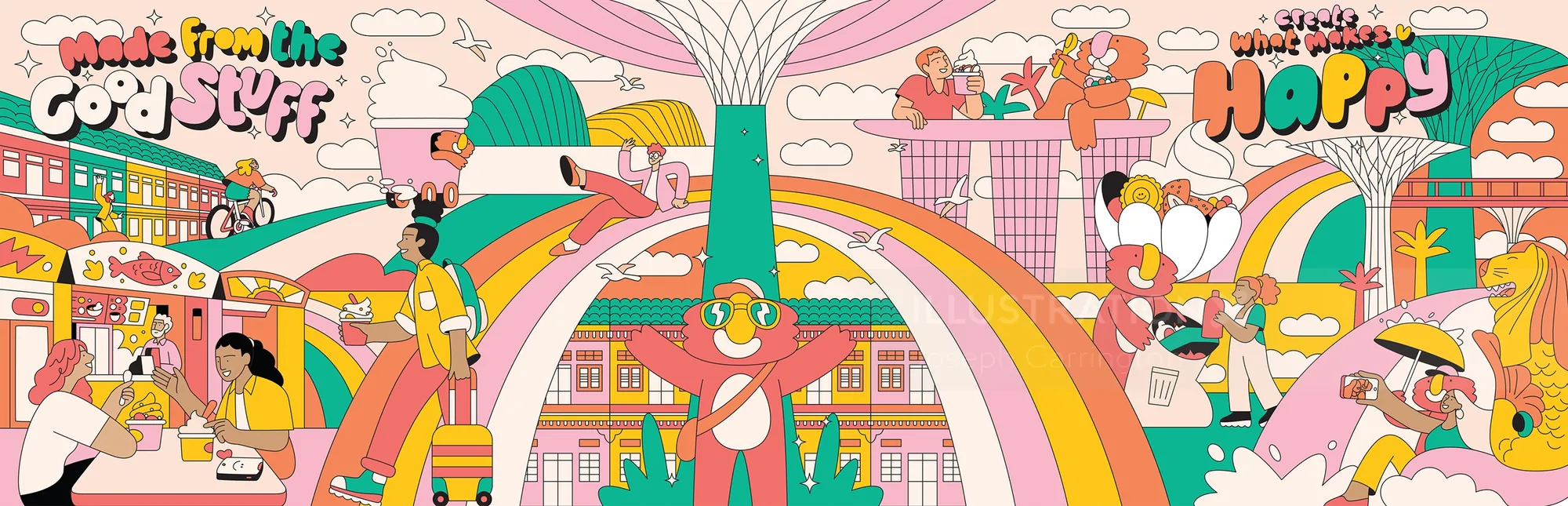 Farbenfrohe Regenbogen-Feier-Illustration von Joseph Carrington mit fröhlichen Figuren und festlicher Atmosphäre.