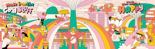 Colorful rainbow celebration illustration by Joseph Carrington with cheerful characters and festive 