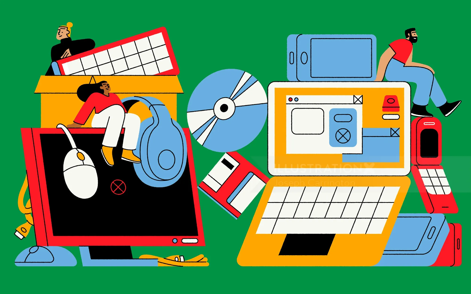 Joseph Carrington Illustration von Menschen, Schallplatten, Computern und Retro-Technologie
