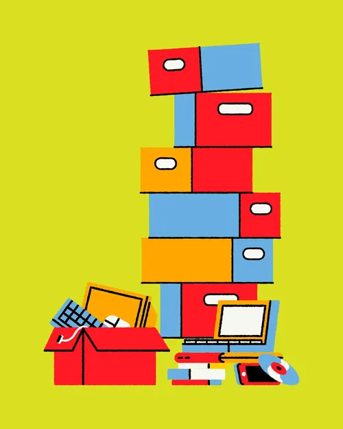Colorful stacked books and boxes by Joseph Carrington