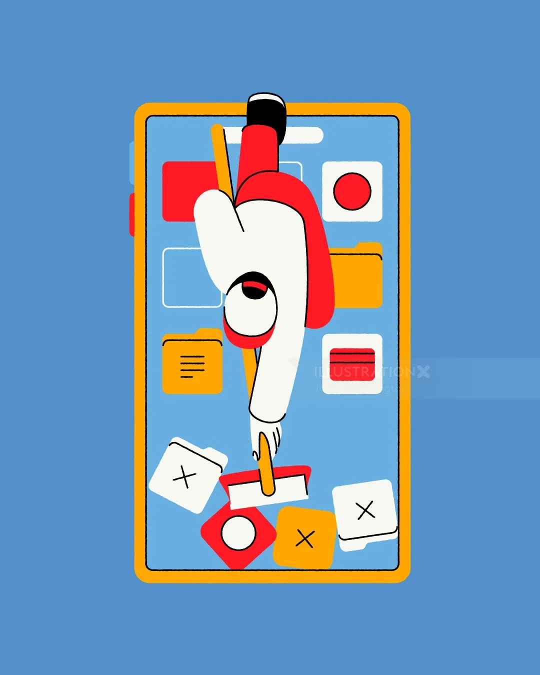 Illustration von Joseph Carrington einer farbenfrohen Smartphone-Benutzeroberfläche mit Symbolen und schwebenden Karten.