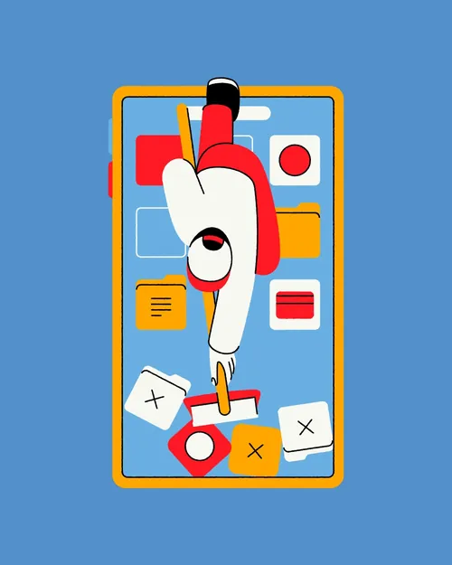 Illustration by Joseph Carrington of a colorful smartphone interface with icons and floating cards.