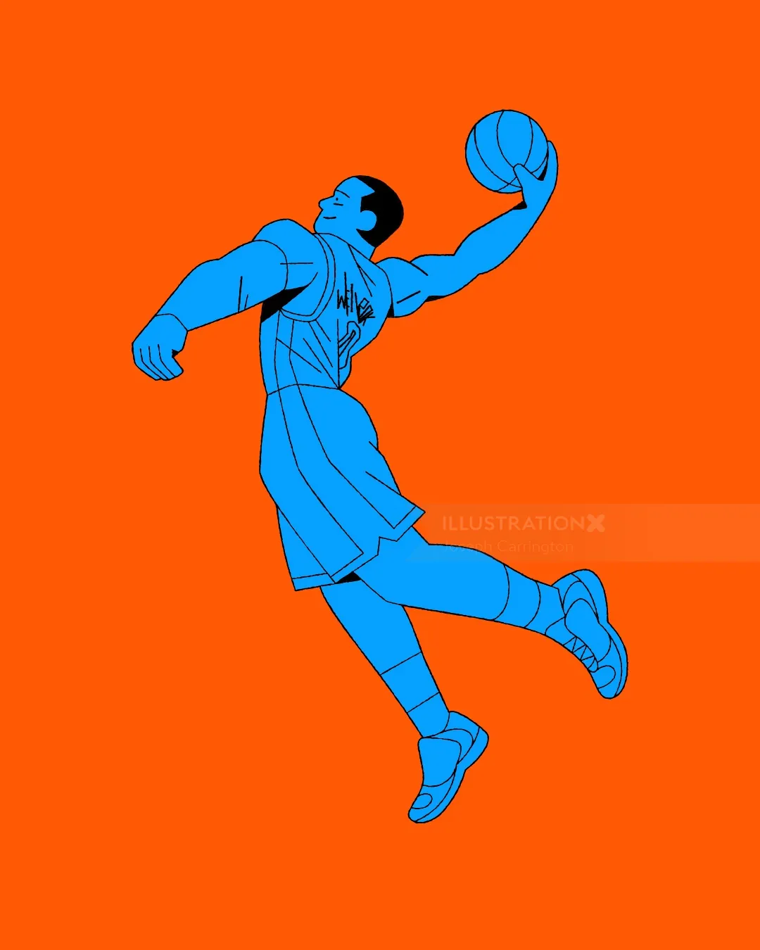 Joseph Carrington Illustration eines blauen Basketballspielers, der mit einem Ball springt