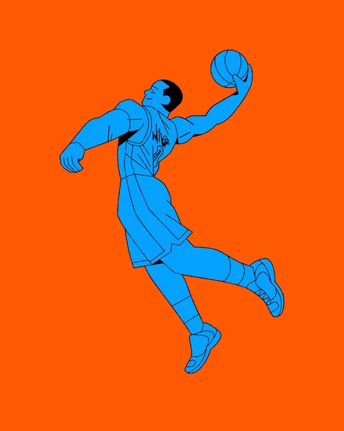Joseph Carrington illustration of a blue basketball player leaping with a ball