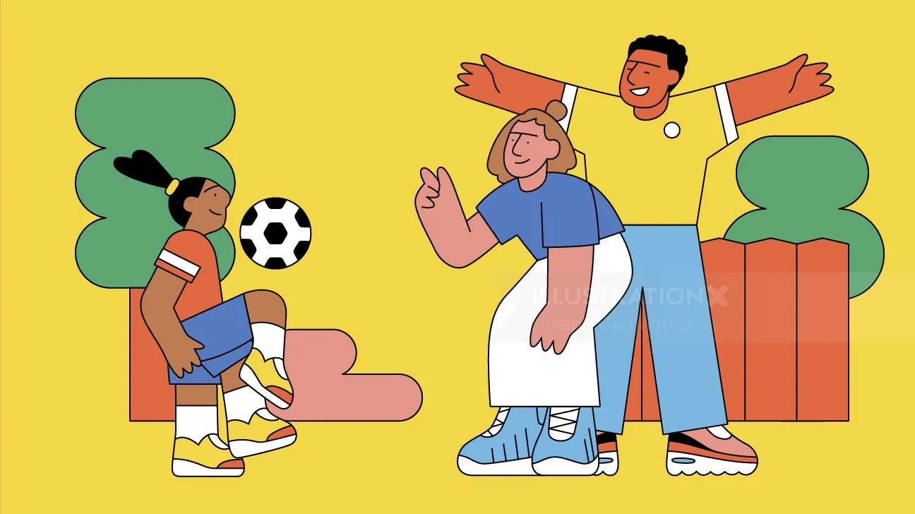 Joseph Carrington Illustration von verschiedenen Kindern, die im Freien mit einem Fußball spielen.