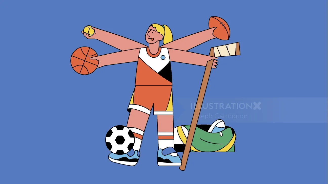 Joseph Carrington Illustration eines jungen Sportlers mit Basketball, Fußball und Skateboard