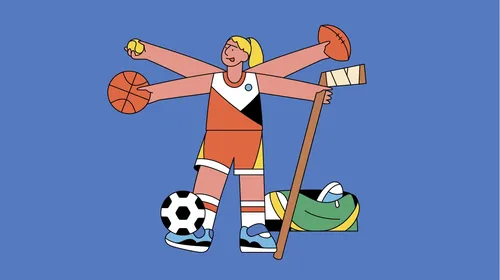 Joseph Carrington illustration of a young athlete with basketball, soccer ball, and skateboard