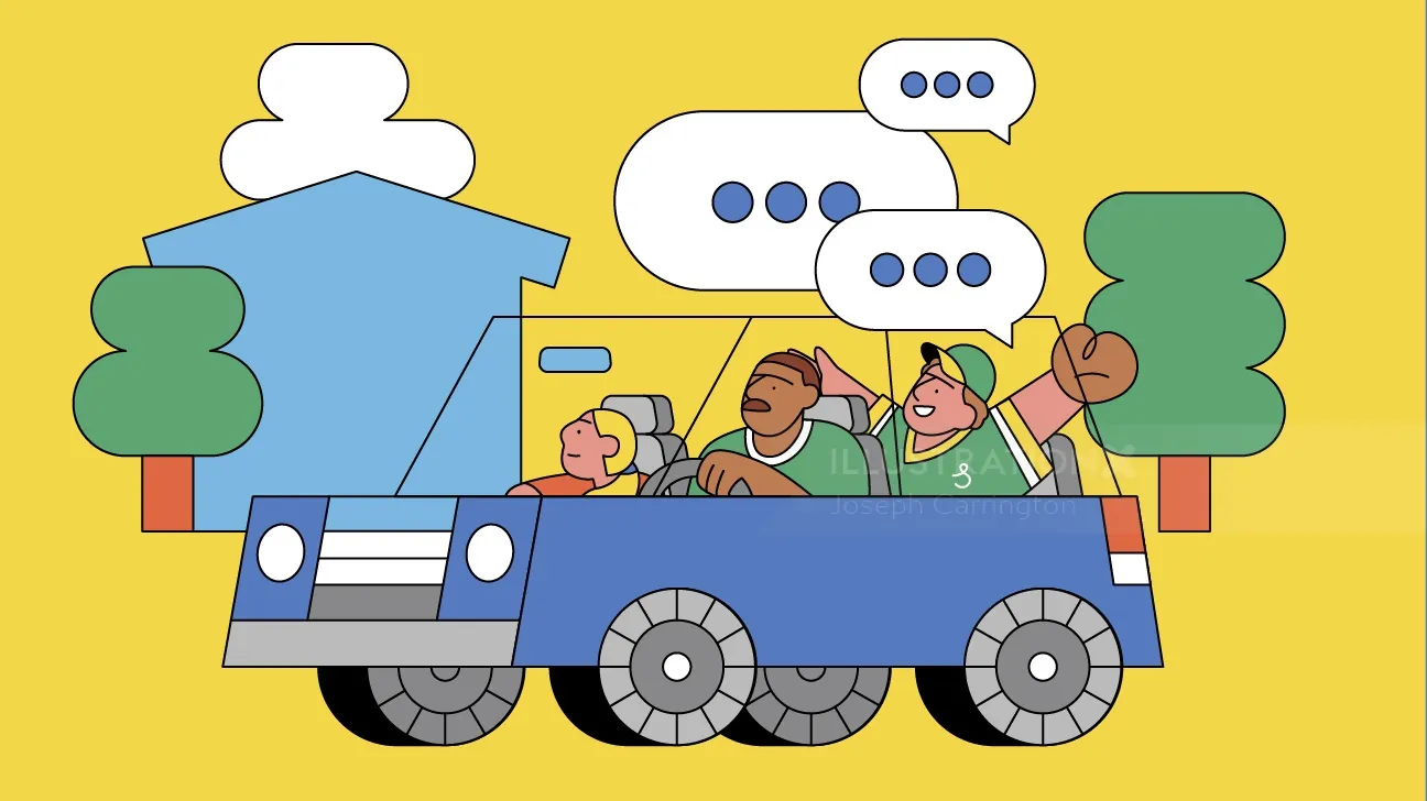 Eine Comicfamilie fährt in einem blauen Fahrzeug, illustriert von Joseph Carrington