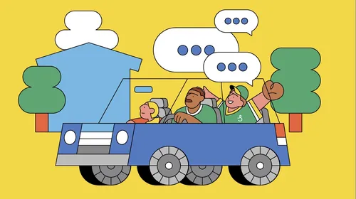 Cartoon family riding in a blue vehicle, illustrated by Joseph Carrington