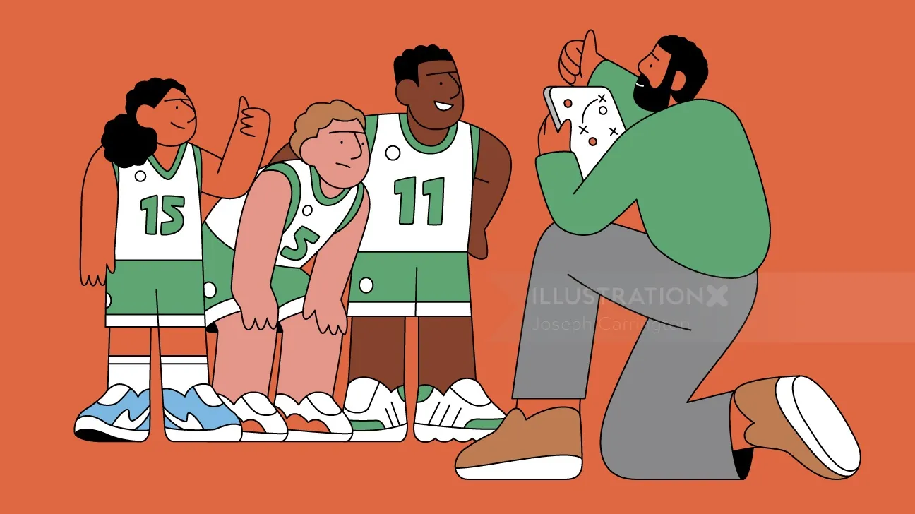 Illustration von Joseph Carrington, die Basketballspieler und ihren Trainer zeigt.