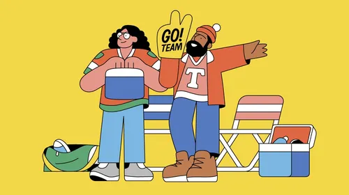 Joseph Carrington illustration of two friends with coolers, chairs, and a Go Team sign