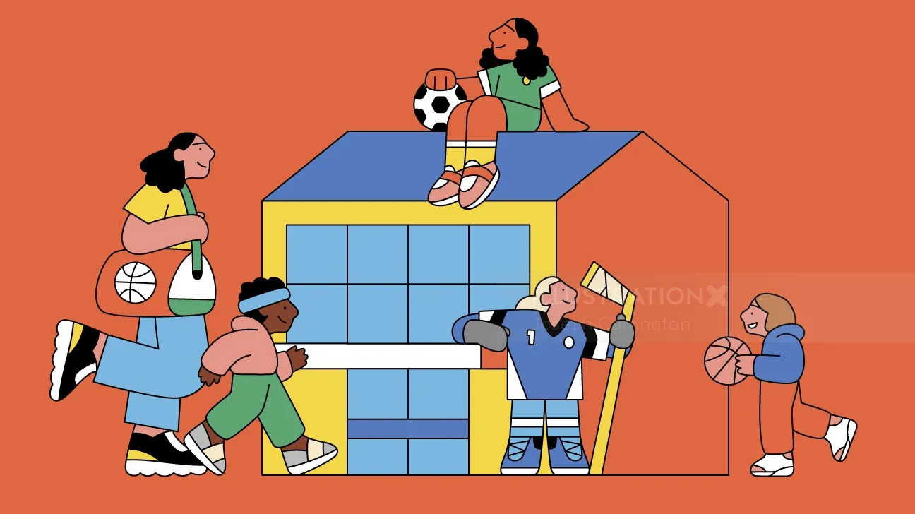 Joseph Carrington Illustration von Kindern, die auf einem bunten Basketballplatz in ihrer Nachbarschaft spielen