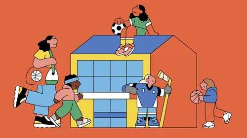 Joseph Carrington illustration of children playing basketball around a colorful neighborhood court