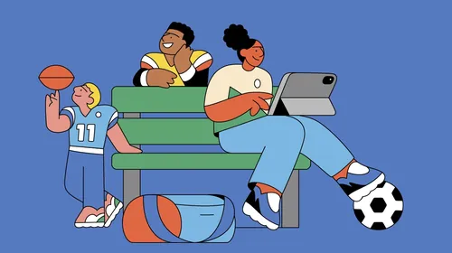 Joseph Carrington illustration of children playing soccer and basketball near bleachers