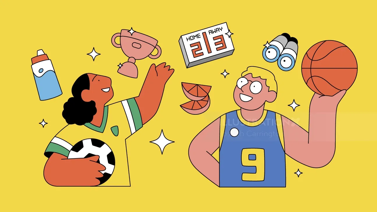 Joseph Carrington Illustration von zwei Basketballspielern mit einer Trophäe und einer Anzeigetafel