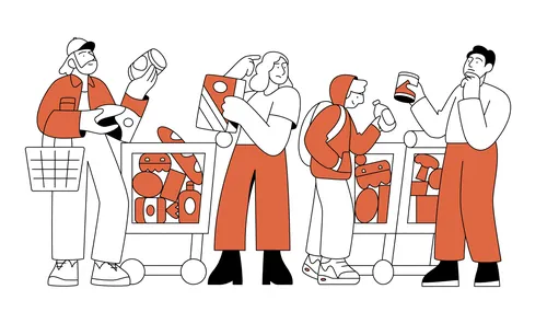 Joseph Carrington illustration of diverse people shopping with baskets and carts