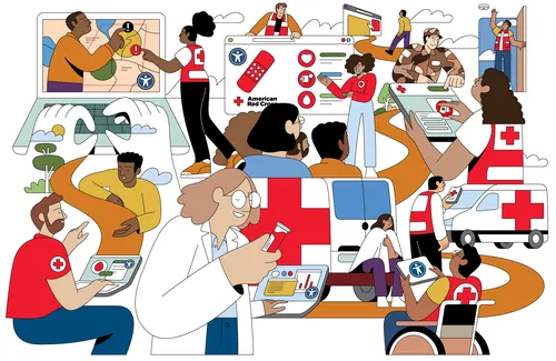 Healthcare illustration by Joseph Carrington showing doctors, patients, medical technology, and an a