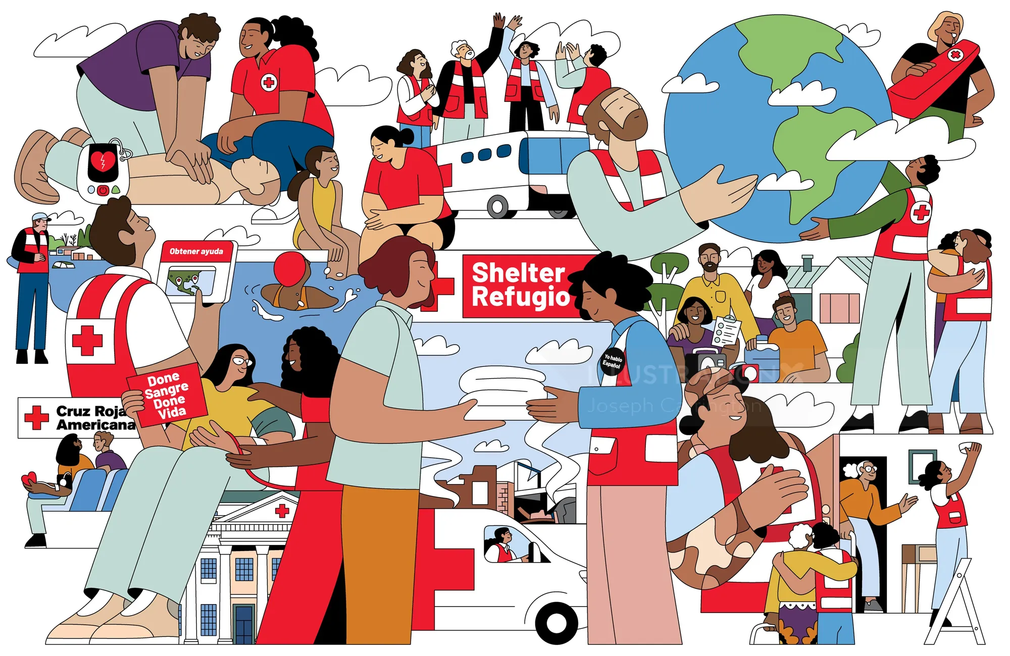 Joseph Carrington Illustration von Gemeinschaften, die humanitäre Hilfe und Flüchtlingsunterstützung erhalten