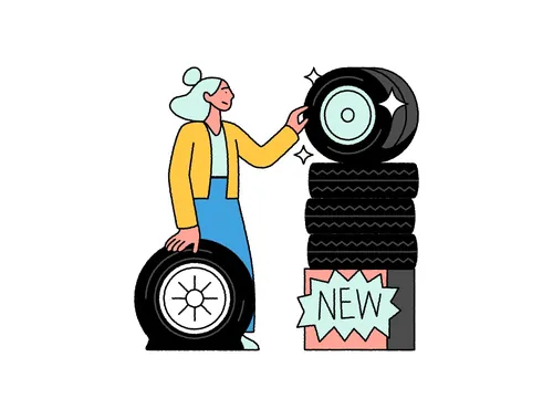 Joseph Carrington illustration of a mechanic inspecting a tire beside stacked tires